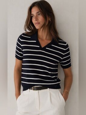 Massimo Dutti Navy & White Striped Collared Sweater